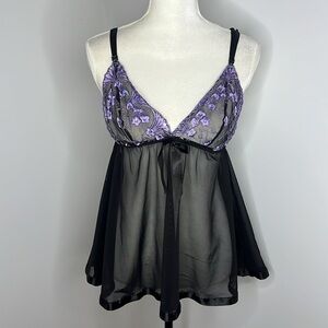 Sheer Black Babydoll Lingerie Purple Floral Embroidered Mesh Chemise Size M